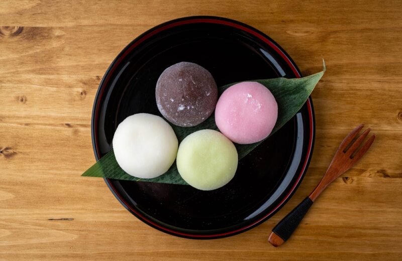 Mochi,Ice,Cream,On,Japanese,Wooden,Plate